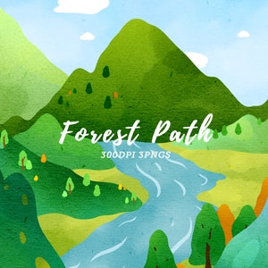 May include: A digital illustration of a forest scene with green mountains, a blue river, and trees. The text "Forest Path" is written in white script. The image is labeled "300DPI 3PNGS".