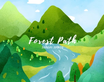 Watercolor Forest Path Clipart / Environment Download / Instant Download / Forest Scene / Mountains Clipart / Hiking Trail / Woodland / Tree