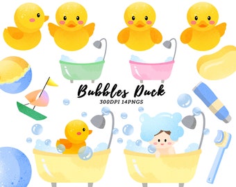 Watercolor Shower and Bath Clipart / Rubber Ducky Clipart / Bathroom and Equipment / Bath Time / Bath Day / Instant Download