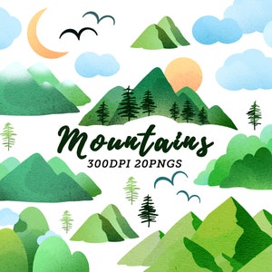 Acquerello Montagne Clipart / Mountain Download / Instant Download / Grafica di montagna / Pini / Colline / Nuvoloso / Bordi / Verde
