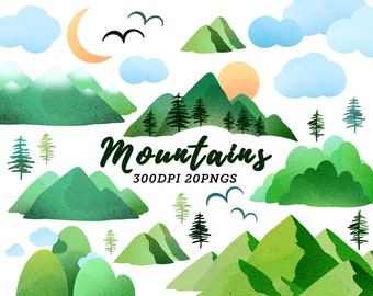 Watercolor Mountains Clipart / Descarga de montaña / Descarga instantánea / Gráficos de montaña / Pinos / Colinas / Nublado / Bordes / Verde