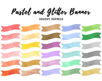 Watercolor Pastel and Glitter Banner Clipart / Rainbow ribbon Banners / Faux Watercolor Pastel Banners / Instant Download