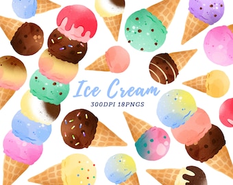 Watercolor Ice Cream Clipart / Dessert Download / Instant Download / Ice Cream / chocolate ice cream / vanilla ice cream / Summer Treats /