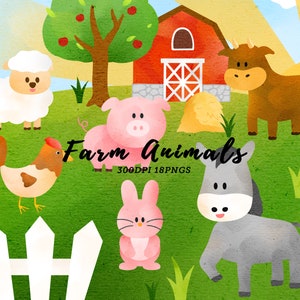 Clipart de animais de fazenda em aquarela / fazenda / celeiro / animais de fazenda / porco / ovelha / vaca / cavalo / galinha / coelho / festa de fazenda / clipart de fazenda