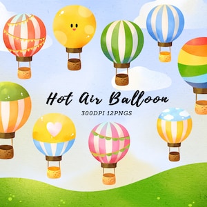 Watercolor Hot Air Balloon Clipart / Baby Nursery Balloon / Clouds / Kids Clipart / Air Balloon Party / instant download / Commercial Use