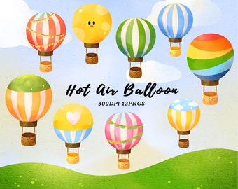 Watercolor Hot Air Balloon Clipart / Baby Nursery Balloon / Clouds / Kids Clipart / Air Balloon Party / download istantaneo / Uso commerciale
