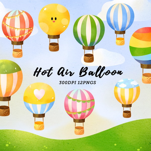 Watercolor Hot Air Balloon Clipart / Baby Nursery Balloon / Clouds / Kids Clipart / Air Balloon Party / instant download / Commercial Use