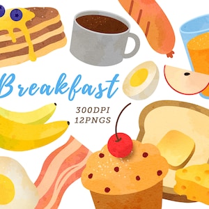 Aquarell Frühstück Clipart / Morgen Download / Instant Download / Toast / Kaffee / Pfannkuchen / Ei / Speck / Muffin