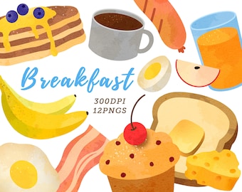 Watercolor Breakfast Clipart / Morning Download / Instant Download / Toast / Coffee / Pancake / Egg / Bacon / Muffin