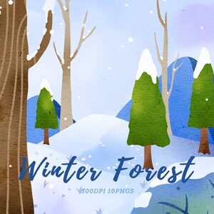 Watercolor Winter Forest Clipart / Winter Background / Pine Tree Clipart / Snowy Scene / Environment Download / Christmas Instant Download