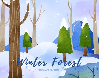 Watercolor Winter Forest Clipart / Winter Background / Pine Tree Clipart / Snowy Scene / Environment Download / Christmas Instant Download