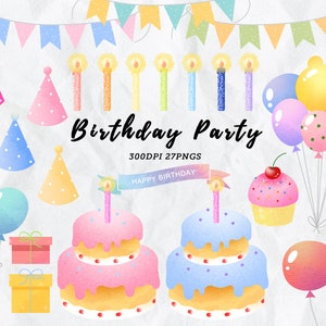 Watercolor Birthday Clipart / Party Graphics Download / bday / Birthday Cake / Present / Candles / Balloon / Party Hats / Bunting