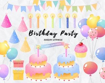 Watercolor Birthday Clipart / Party Graphics Download / bday / Birthday Cake / Present / Candles / Balloon / Party Hats / Bunting