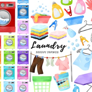Watercolor Laundry Clipart / Cleaning Clipart / Washing Machine Clipart / Housework Clipart / Chores Clipart / Instant Download