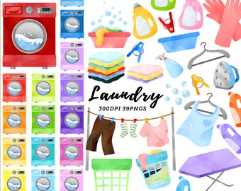 Watercolor Laundry Clipart / Cleaning Clipart / Washing Machine Clipart / Housework Clipart / Chores Clipart / Instant Download