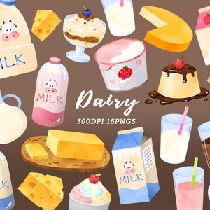 Acuarela Dairy Clipart / Milk Clip art / Mantequilla / Queso / Jarra de leche / Clipart de yogur / Clipart de helado / Clipart de alimentos / Descarga instantánea