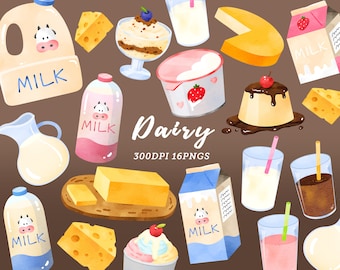 Watercolor Dairy Clipart / Milk Clip art / Butter / Cheese / Milk Jug / Yogurt clipart / Ice Cream Clipart / Food Clipart / Instant Download