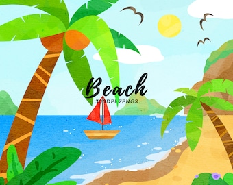 Watercolor Beach Clipart / Tropical Clipart / Summer Clipart  / Ocean Clipart / Vacation Clipart / Summer Png / Palm Tree  / Landscape