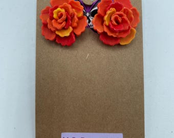 Polymer Clay, Earrings, Marigolds, Red, Orange, Yellow, Hand Made, Flowers, Studs