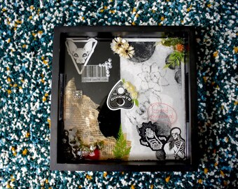 One of a Kind Black White and Red Gothic Dark Aesthetic Collage Style Handmade Resin Floral Trinket Tray