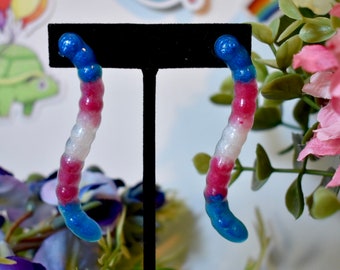 Blue, Pink, and White, Transgender Trans Pride Flag Pride Emmiworm Gummy Worm Resin Earrings Hypoallergenic