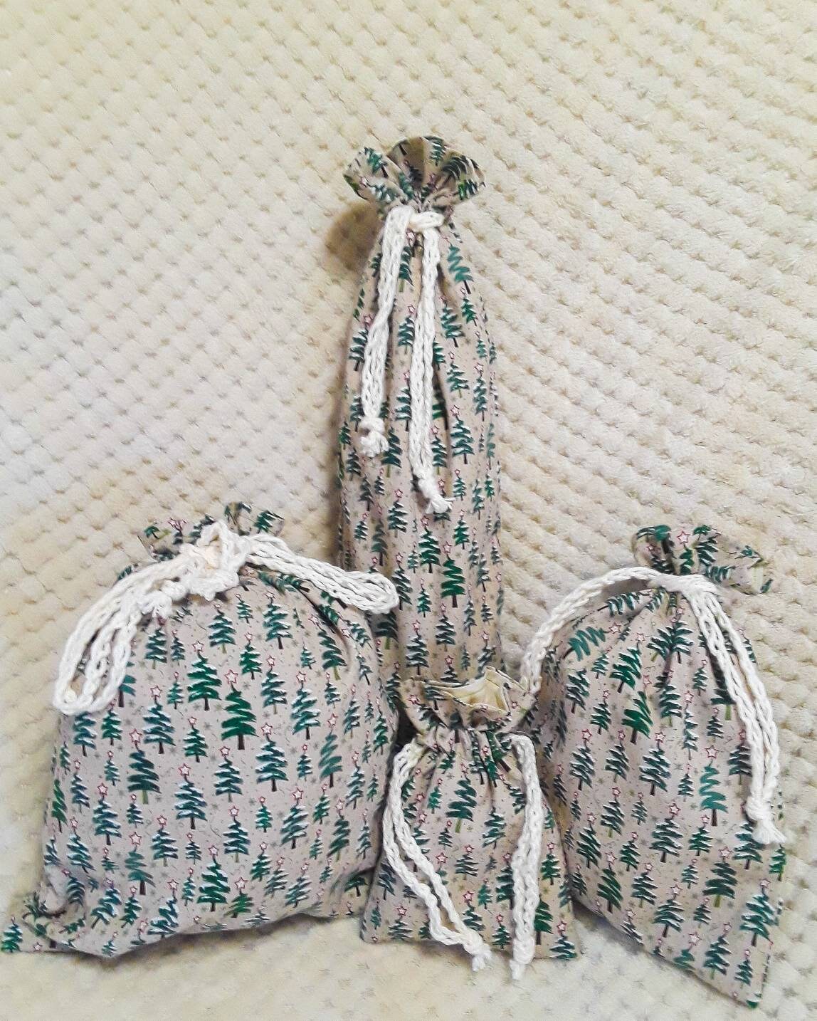 Holiday Fabric Drawstring Gift Bags in Christmas Tree Print Etsy