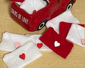 Set of 8 Felt Mini Love Letter Envelopes with Painted Wood Heart Accent Vase Filler Valentine Red White Pink Farmhouse Tiered Tray Decor