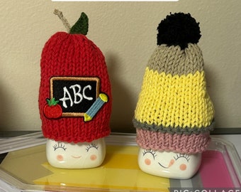 Back To School Gift -Marshmallow Mug Hat PENCIL or APPLE - Teacher Gift Shelf Sitter  Desk Decor Table Decor Knit Mini Mug Hat Knitted Hat