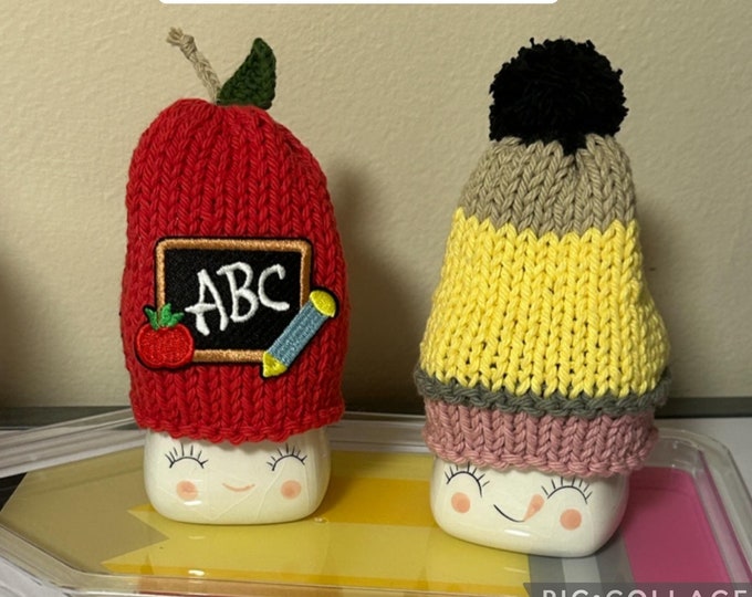 Back To School Gift -Marshmallow Mug Hat PENCIL or APPLE - Teacher Gift Shelf Sitter  Desk Decor Table Decor Knit Mini Mug Hat Knitted Hat
