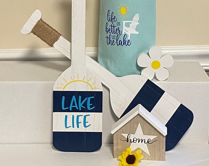 Lake Life - Oar Decor - Oar Wall Sign - Nautical Decoration - Wood Striped Oar Mantel Decor Shelf Sitter - Lake House Decor Lake House Oar