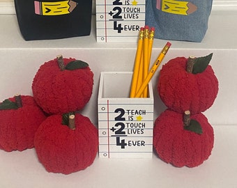 Teacher's Gift - Back To School - Pencil Holder And Sherpa Yarn Apple Can Personalize! Teacher Present Appreciation Apple for Teacher Desk