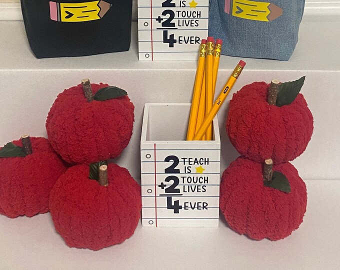 Teacher's Gift - Back To School - Pencil Holder And Sherpa Yarn Apple Can Personalize! Teacher Present Appreciation Apple for Teacher Desk