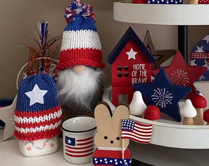 Patriotic Knitted Hat with gnome or mug - Choice of 3 Options Stars and Stripes knit hat with pompon for Tiered Tray Decoration
