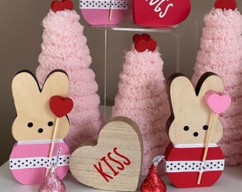 Set of Three Valentines Day Tiered Tray Decor Items Cute Wood Bunny Pink Yarn Trees Love Bunnies Wooden Peep Style Rabbit Pink Red Hearts