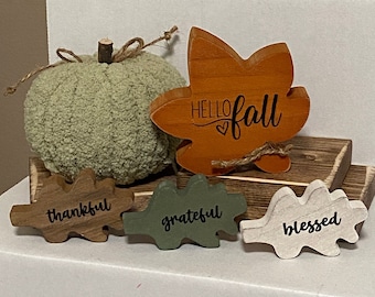 Wood Leaves Custom Fall Leaves Set HELLO FALL Leaf Sitter Tiered Tray Decor Fall Decor Wooden Leaf Set Embellished Thankful Grateful Blessed