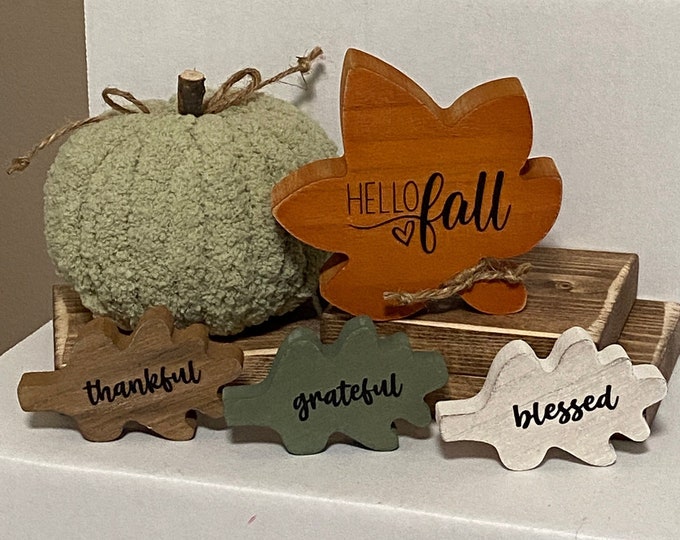 Wood Leaves Custom Fall Leaves Set HELLO FALL Leaf Sitter Tiered Tray Decor Fall Decor Wooden Leaf Set Embellished Thankful Grateful Blessed