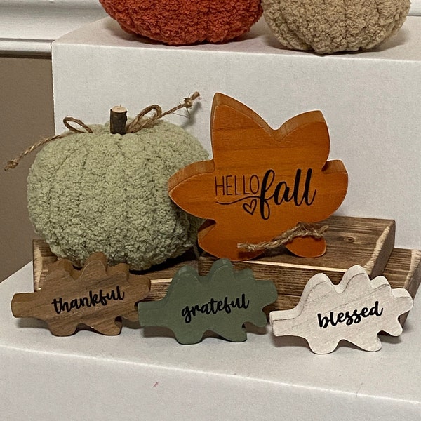 Wood Leaves Custom Fall Leaves Set HELLO FALL Leaf Sitter Tiered Tray Decor Fall Decor Wooden Leaf Set Embellished Thankful Grateful Blessed