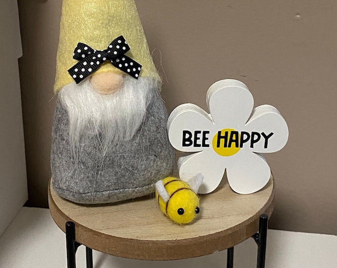 Black and Yellow Bee Gnome & Felted Bumble Bee with Wood Daisy Tiered Tray Set Summer Decor, Farmhouse Decor Black and White Polka Dot
