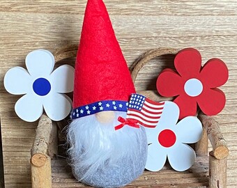 Patriotic Gnome Decor for 4th of July Decor Tiered Tray Gnomes with American Flag Accent Red White and Blue Stars and Stripes Weighted Gnome