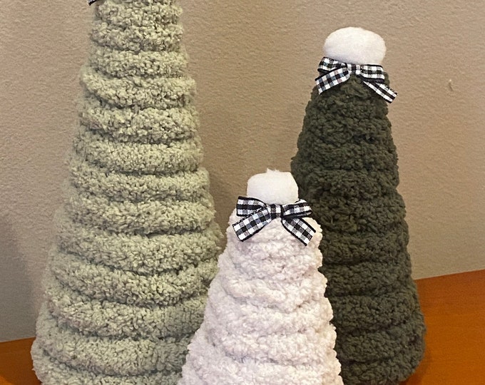 Set of Three Yarn Trees - Christmas Trees - Tiered Tray Decor - Trio Of Trees Buffalo Checkered Farmhouse Style Gift Set Yarn Wrapped Trees