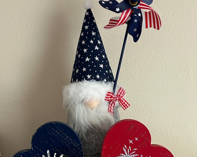 July 4th Patriotic Gnome - Red White and Blue Gnome - Stars and Stripes Gnome With Pinwheel - Summer Gnome 4th Of July Gnome Americana Tomte
