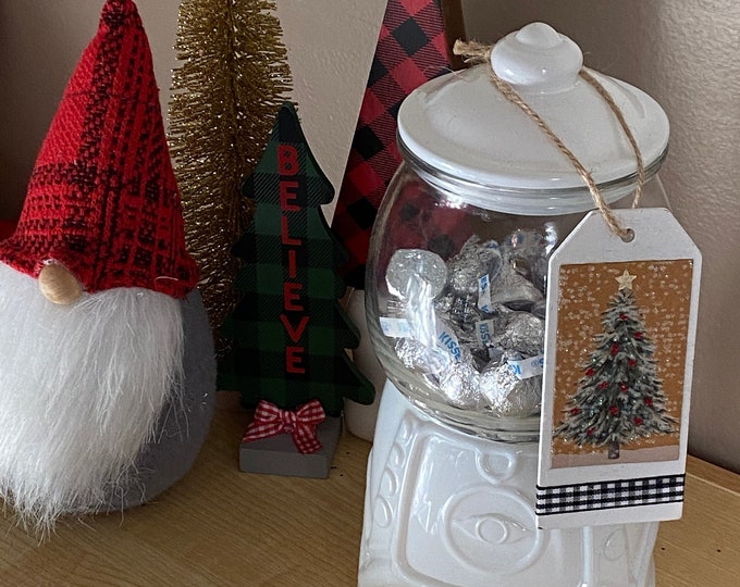 White or Black Glass Gumball Machine With Wood Tag Christmas Buffalo Check Cookie Jar Seal Tight Lid Gum Ball Decor Holder Storage Kitchen