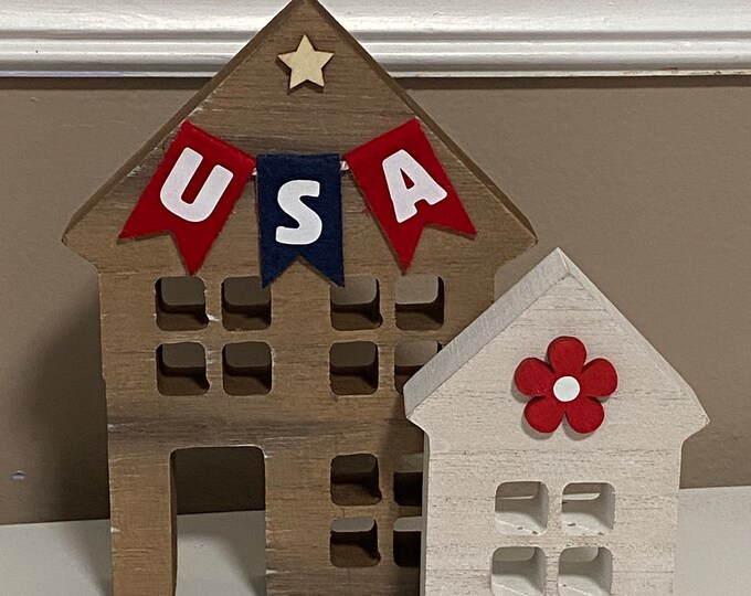 Set of Two Wooden Houses - Patriotic Tiered Tray Decor - July 4th Wood House USA Felt Banner Wood Daisy - Summer Decor - Red White and Blue