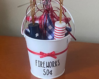 4th of July Decor - Patriotic Decor - Fireworks Bucket - Summer Patriotic Tiered Tray - July 4th Tiered Tray Red White and Blue Stars Plaid