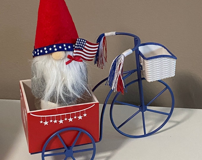 July 4th Decor - Tricycle Patriotic Decor Tiered Tray Red White and Blue Bike + Basket - Gnome with American Flag or Set of 3 Wood Daisies