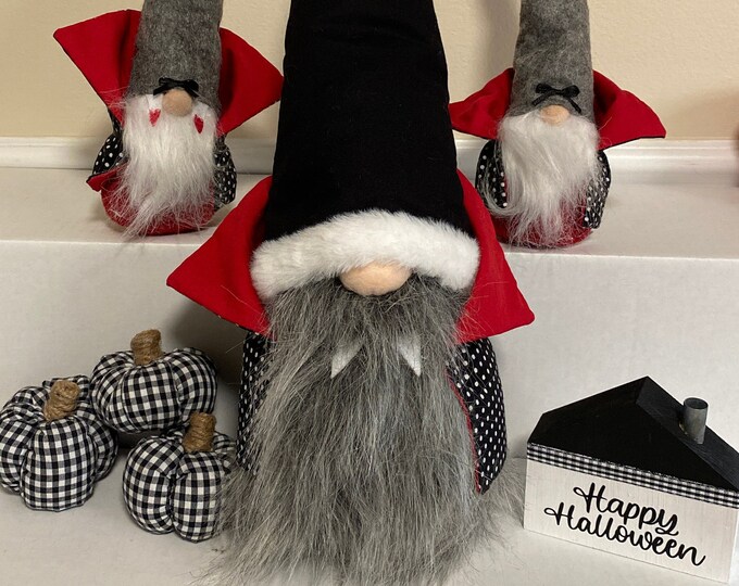 Dracula Gnome - Fall Gnome - Fall Decor - Halloween Gnome - Halloween Decor Dracula Cape Black and White Polka Dot and Red Fabric Cape