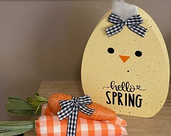 Hello Spring Chick, Yellow Chick, Speckled Chick, Wood Block Chick and Carrots, Checkered Carrots Set of 2 Tiered Tray Items Spring Decor