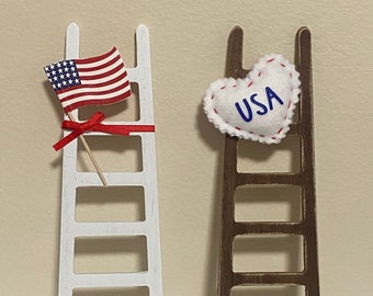 USA Ladder - Mini Ladder Tiered Tray Decor - Patriotic Tray Decor - American Flag  Ladder - Distressed Wood - July 4th Decor Farmhouse Style