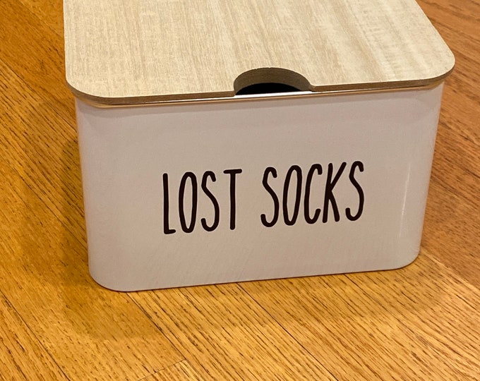LOST SOCKS Storage Container Bin with Wood Top Lid Stackable Laundry Room Home Decor Box Farmhouse Box Rae Dunn Font