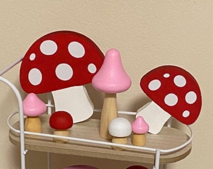 Set of Mushrooms - Mini Mushrooms - Mushroom Decor - Tiered Tray Mushroom Set Choose from PINK RED GREEN Polka Dot Mushrooms